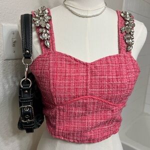 Pink tweed bedazzled sparkly tank crop top paris France